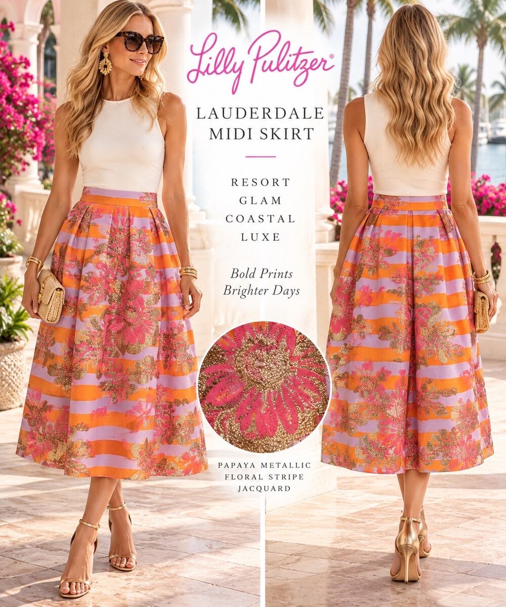 Resort Glam Coastal Luxe Rare Lilly Pulitzer Lauderdale Metallic Midi Skirt NWT
